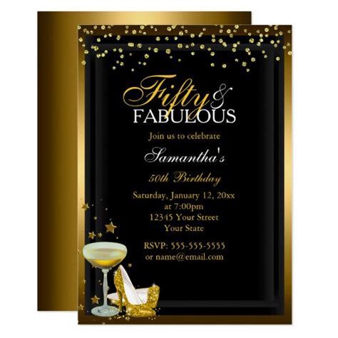 gold sparkle 50 fabulous birthday invitation