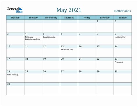 Netherlands Holiday Calendar For May 2021