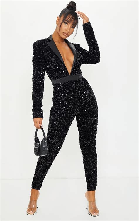 black premium velvet sequin plunge tailor jumpsuit prettylittlething ire