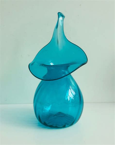 Brilliant Teal Blue Hand Blown Art Glass Jack In The Pulpit Vase Jamestown Glasshouse Retired