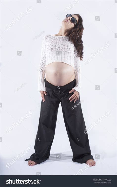 Front Eight Month Brunette Pregnant Woman Stock Photo