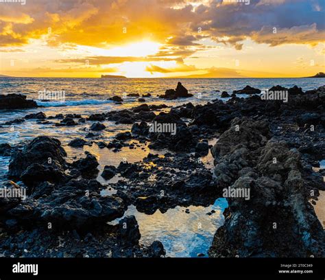 Sunset On The Volcanic Shoreline Of Makena Beach Makena State Park