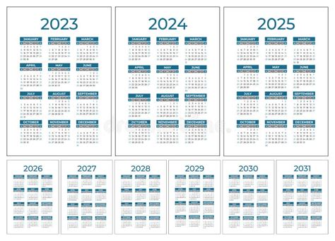 Calendar 2023 2024 2025 To 2031 Color Vector Pocket Calender Design