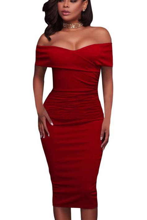 Red Ruched Off The Shoulder Bodycon Formal Midi Dress Elegant Bodycon Dress Midi Dress