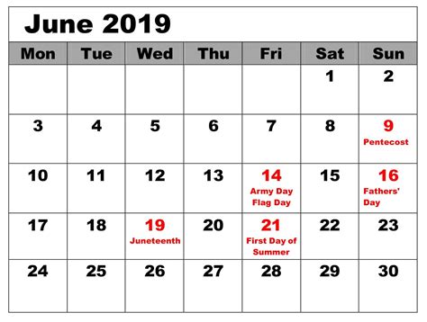 June 2019 Calendar With Holidays Monthly Printable Ca