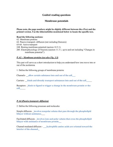 Grq Membrane Potentials Guided Reading Questions Membrane