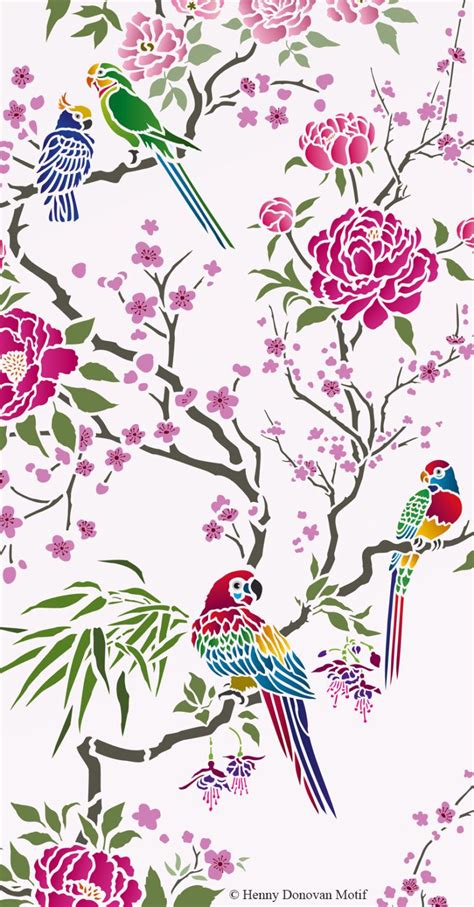 Parrot And Peony Chinoiserie Panel Stencil Henny Donovan Motif