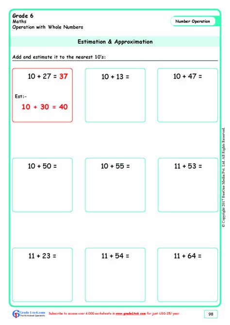 Grade 6|Class Six Estimation Worksheets|www.grade1to6.com