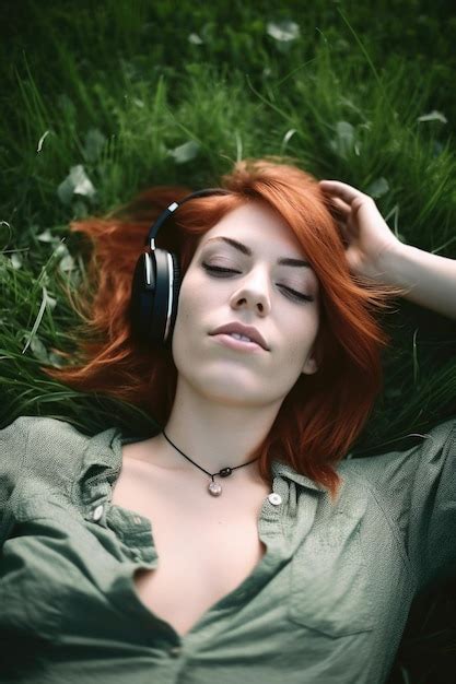 Premium Ai Image A Young Woman Listening To Music While Lying Down On