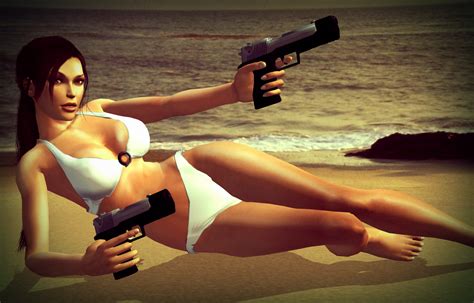 Wallpaper Tomb Raider Lara Croft White Bikini Gun Sand Sea
