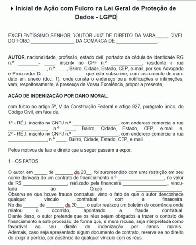 Refer Ncia Para Inicial De A O Com Fulcro Na Lei Geral De Prote O De Dados Lgpd Modelo