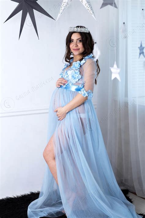Light Sky Blue Maternity Photoshoot Dresses Simple Design See Through