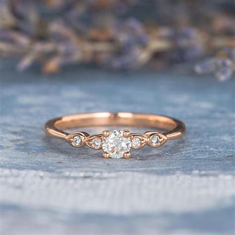 Diamond Engagement Ring Rose Gold Pave Retro Antique Thin Minimalist