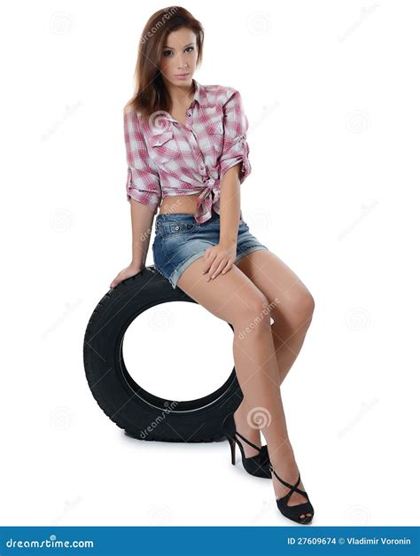 The Girl With Automobile Tyres Stock Photo Image Of Rubber Beauty
