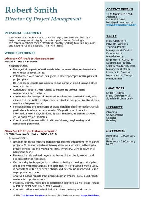 Browse resume examples for project manager jobs. Director of Project Management Resume Samples | QwikResume