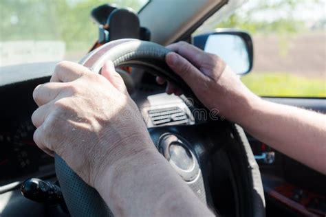 Men S Hands On The Steering Wheel Stock Image Image Of Dusk Hand