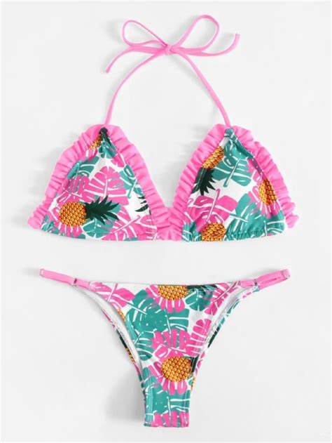 Tropical Print Ruffle Bikini Set SheIn Sheinside Bikinis Bikini Set Ruffled Bikini