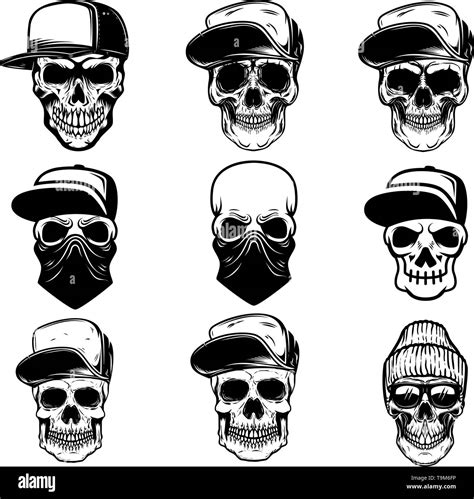 Set Of Skulls In Baseball Cap And Bandana Design Element For Logo