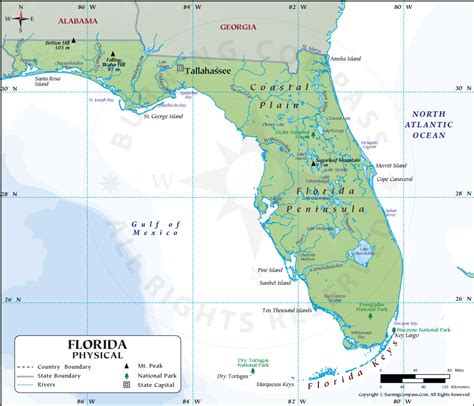 Florida Physical Map Showing Geographical Physical Features With