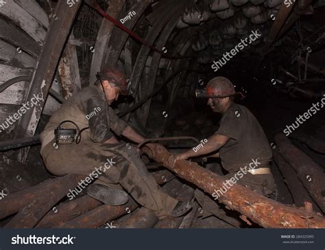 Donetsk Ukraine August 16 2013 Miners Sawn Timber For The