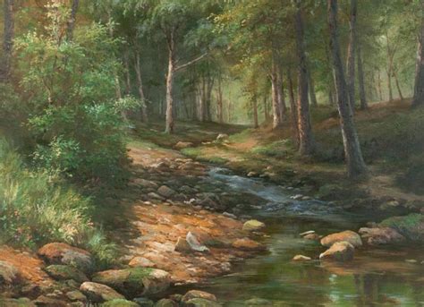 Oil Painting On Canvas Forest Scene With Stream And Rocks Si