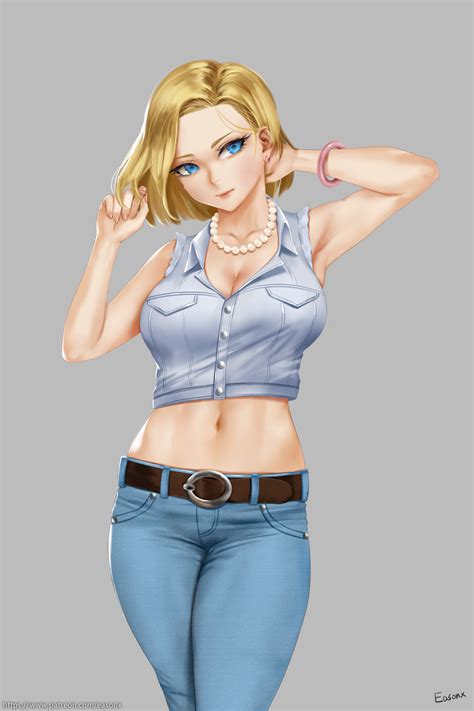 Easonx Android 18 Dragon Ball Dragonball Z Highres 1girl Armpits Arms Up Belt Blonde