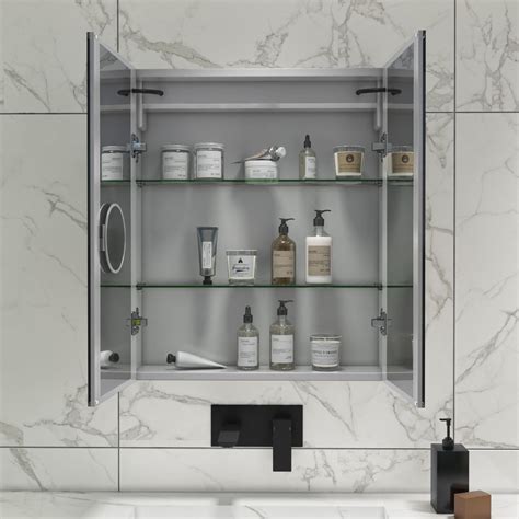 Chrome 2 Door Mirrored Bathroom Cabinet With Lights Bluetooth And Demister 600 X 700mm Ursa