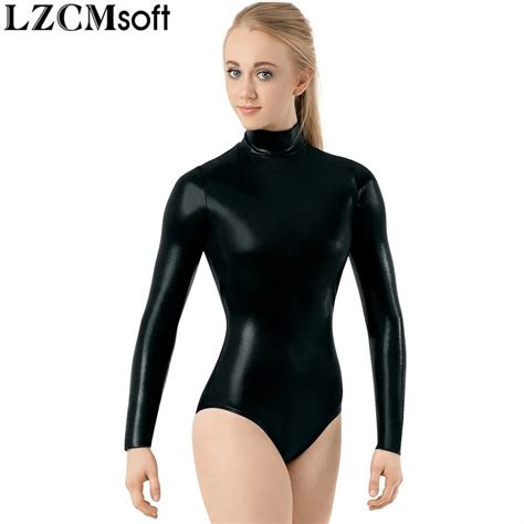 Lzcmsoft Adult Shiny Metallic Mock Neck Leotard Women Black Long Sleeve Gymnastics Performance