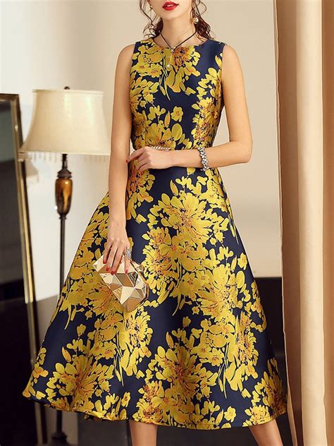 Printed Floral A Line Elegant Midi Dress Stylewe