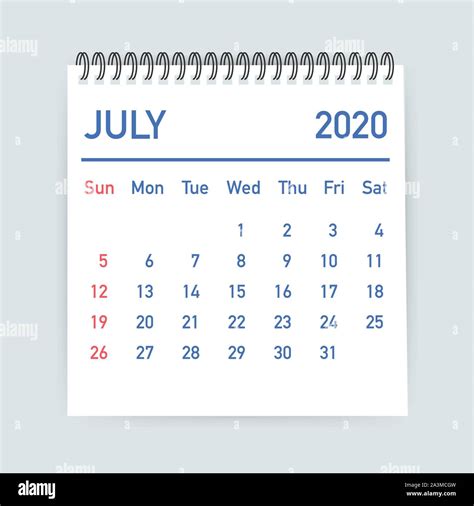 July 2020 Calendar Leaf Calendar 2020 In Flat Style Vector