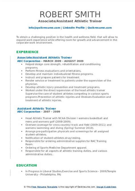 Here is an example of an appropriately written job description. Assistant Athletic Trainer Resume Samples | QwikResume