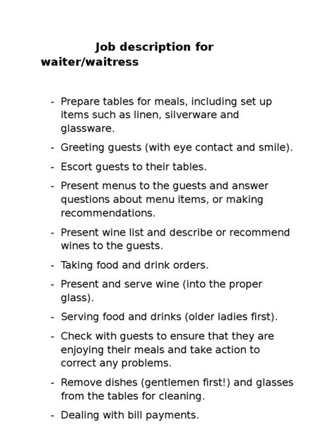 Job Description for Waiter
