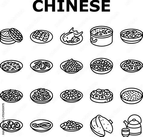 Chinese Cuisine Food Dish Asian Icons Set Vector Dinner Table Meal