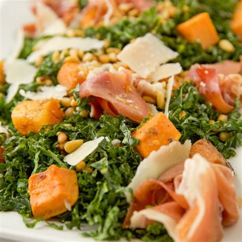 Add the arugula to a large bowl, followed by the roasted vegetables, buttery dressing, quinoa, pine nuts and parmesan shavings. Butternut and Kale Salad | Recipe | Food network recipes ...