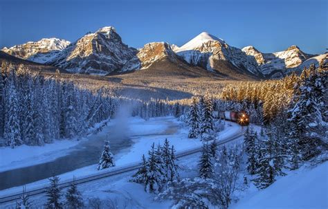 Wallpaper Winter Forest Snow Trees Mountains River Train Canada
