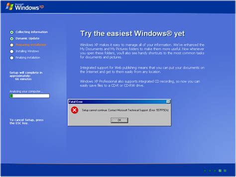 What you should have tried to do is take the original hard drive, put in the xp install disk, to the install, choose to format the hard drive, and then continue with the xp install. Installing Windows XP Error 557FF5CH: Setup Cannot ...