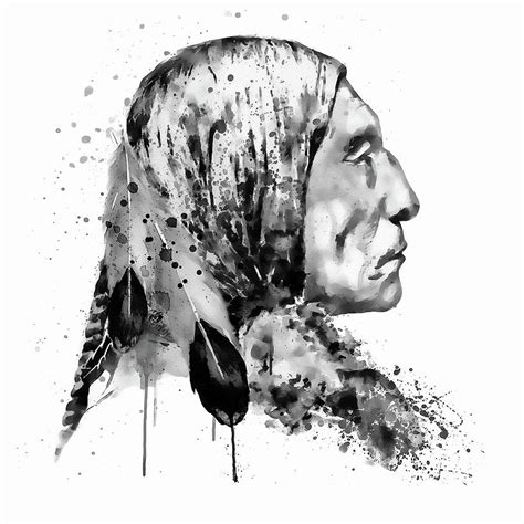 Native American Side Face Black And White Painting By Marian Voicu