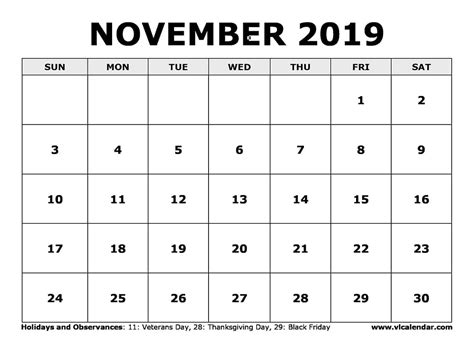 November 2019 Calendar Printable Templates