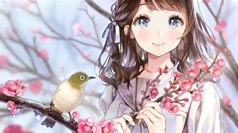 Download 1920x1080 Wallpaper Birds Cherry Blossom Anime Girl Cute