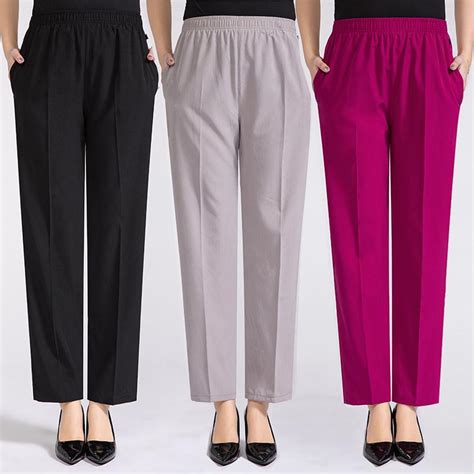 Cheap Women Summer Silk Comfortable Pants High Waist Elastic Waist