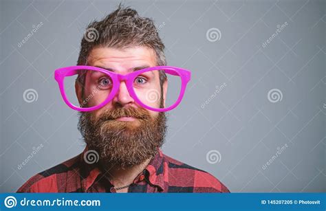 Nerd Concept Hipster Looking Through Of Giant Pink Eyeglasses Stock