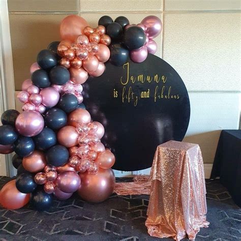 Backdrop With Balloon Garland And Custom Decal In 2021 Black And Gold
