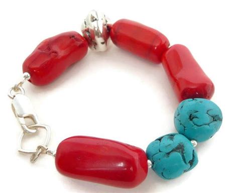 Coral Red Turquoise Bracelet Polymer Clay Bracelet Turquoise