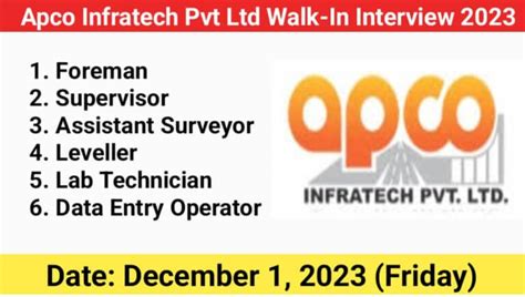 Apco Infratech Pvt Ltd Walk In Interview Civil Supervisor Jobs