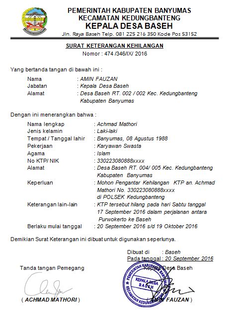 Contoh Surat Keterangan Kehilangan Ijazah Dari Kepala Desa Contoh Terbaru