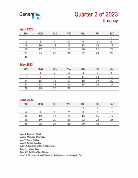 Q2 2023 Quarterly Calendar With Uruguay Holidays Pdf Excel Word
