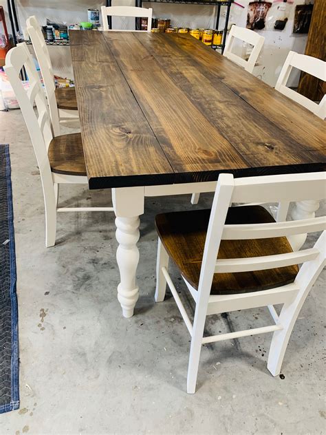 7ft Rustic Farmhouse Table With Chairs And Turned Legs Dark Walnut Top