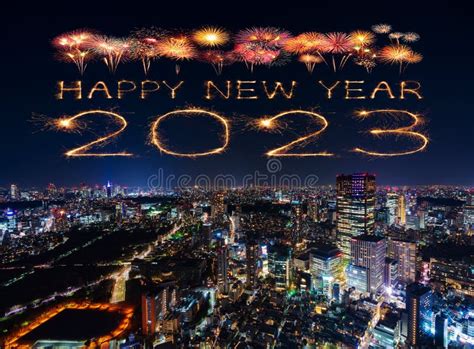 2023 Happy New Year Fireworks Over Tokyo Cityscape At Night Japan