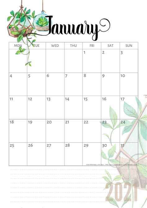 January 2021 Calendar Plants Cute Freebies For You