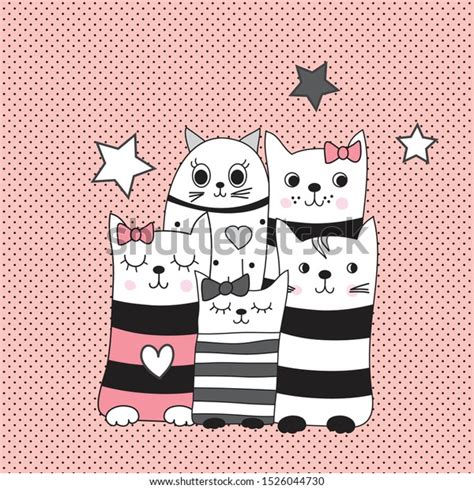 Cute Funny Cats On Polka Dots Stok Vektör Telifsiz 1526044730